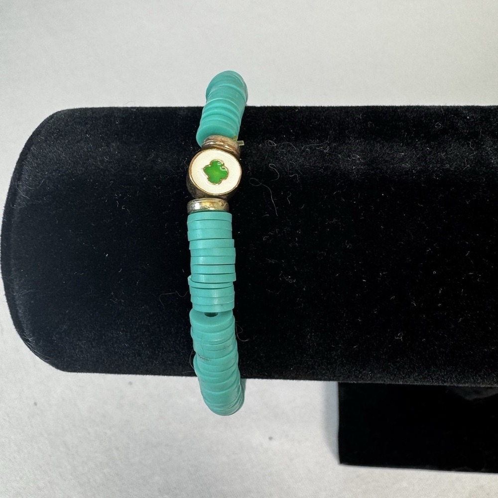 Teal Flat Clay Beaded With White/green Charm‎ Stretch Bracelet